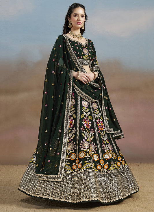 Amazing Bottle Green Designer Georgette Lehenga Choli Set for Wedding