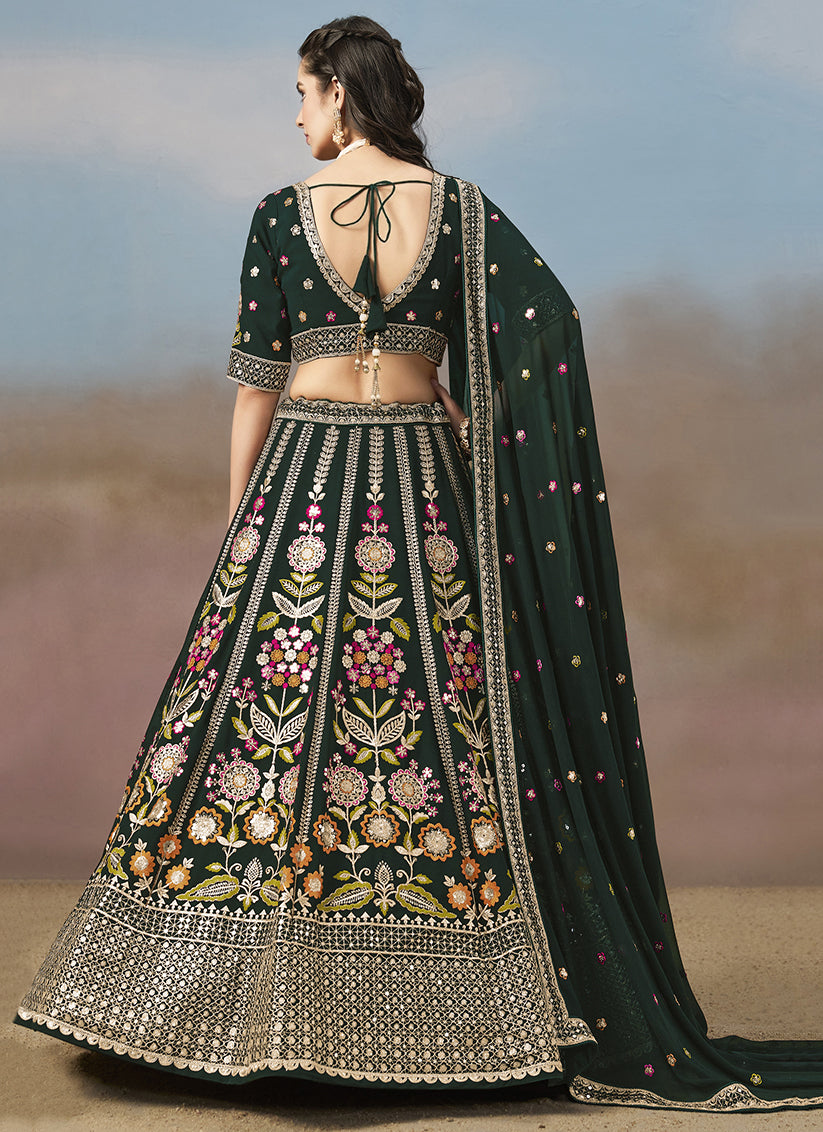 Amazing Bottle Green Designer Georgette Lehenga Choli Set for Wedding