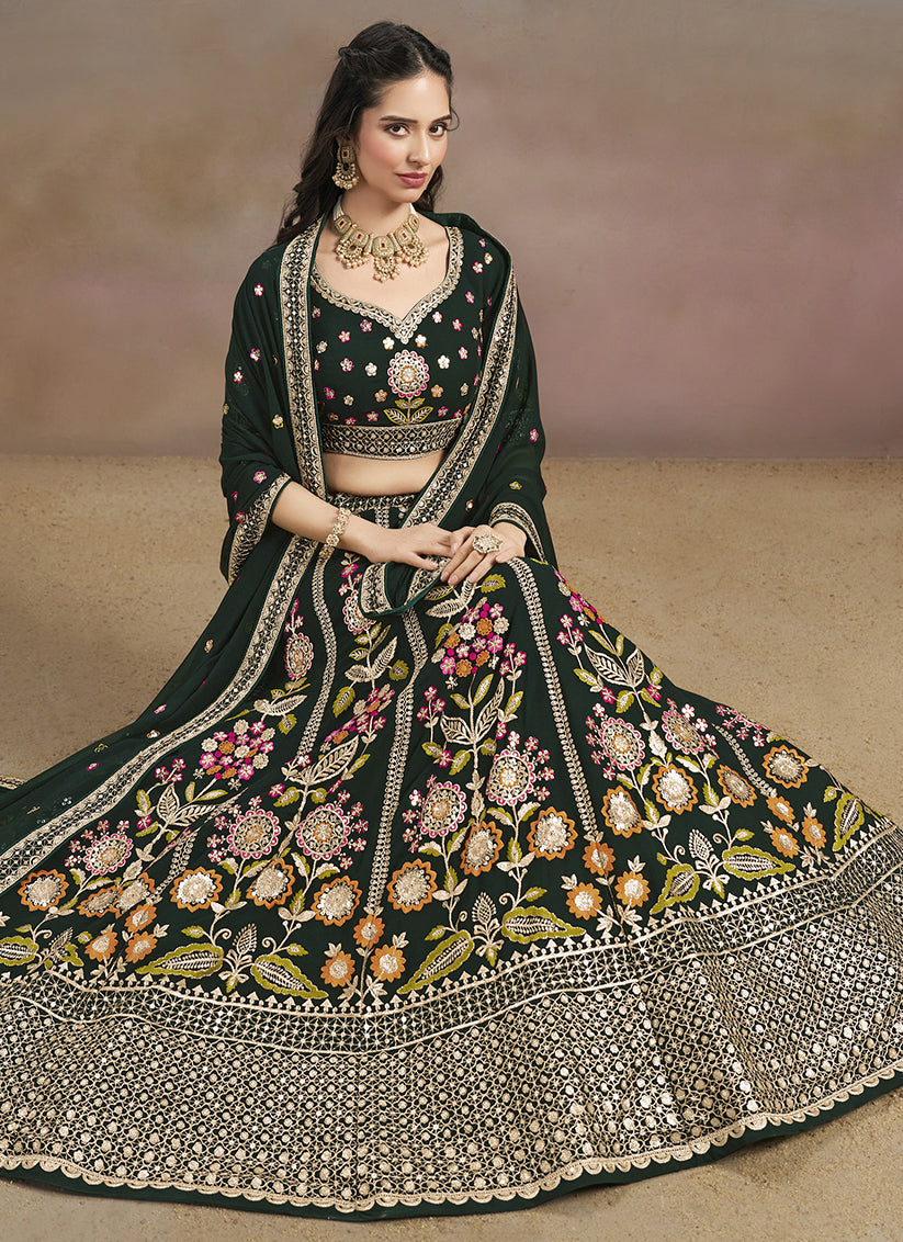 Amazing Bottle Green Designer Georgette Lehenga Choli Set for Wedding
