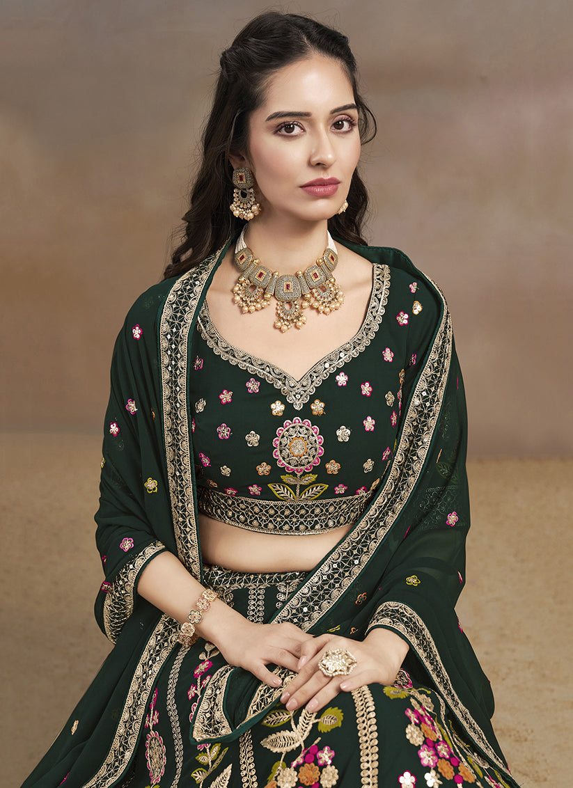 Amazing Bottle Green Designer Georgette Lehenga Choli Set for Wedding