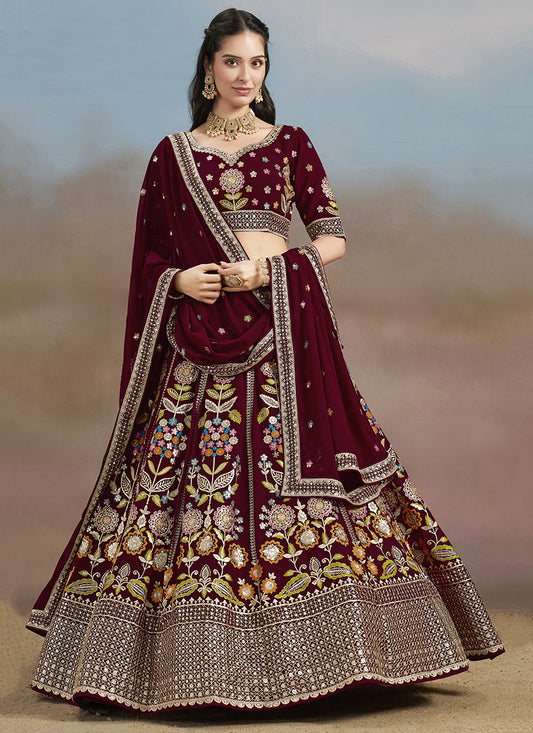 Delicate Maroon Designer Georgette Lehenga Choli Set for Wedding