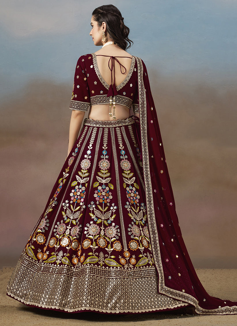 Delicate Maroon Designer Georgette Lehenga Choli Set for Wedding