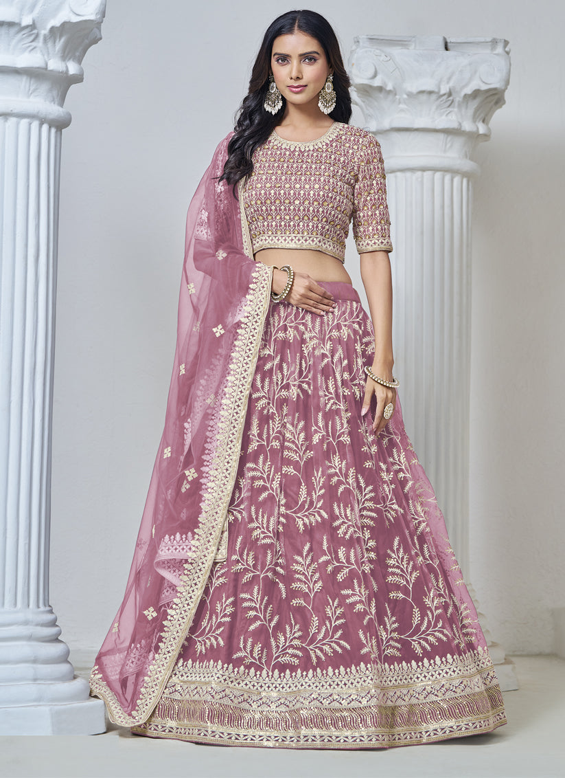 old rose net embroidered lehenga choli for wedding