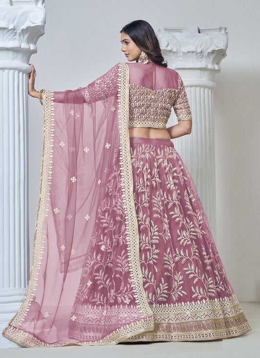 old rose net embroidered lehenga choli for wedding