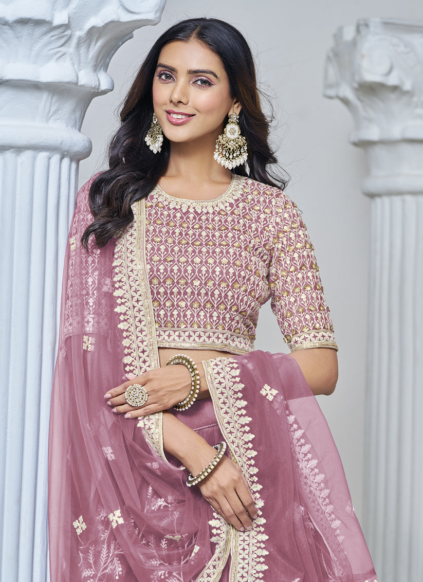old rose net embroidered lehenga choli for wedding