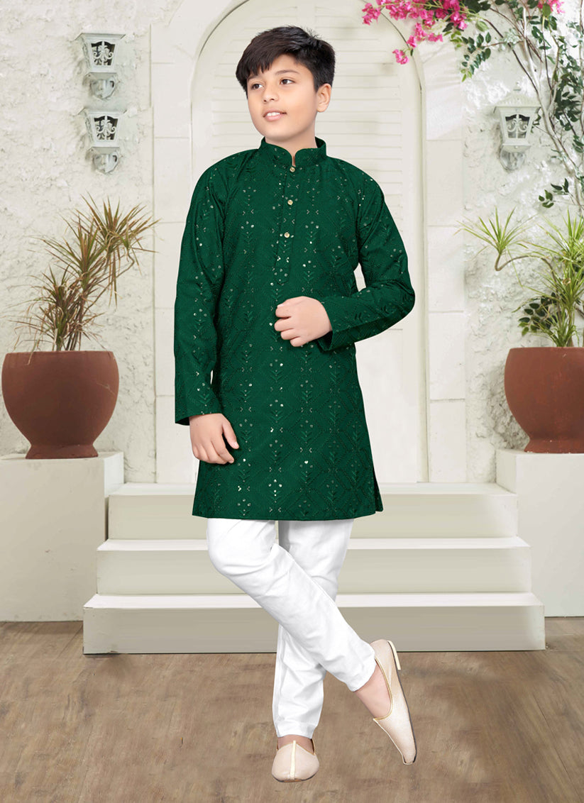 Forest Green Lucknowi Cotton Kids Kurta Set