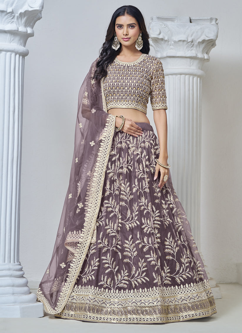 dusty grey net embroidered lehenga choli for wedding