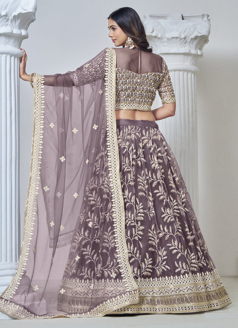 dusty grey net embroidered lehenga choli for wedding