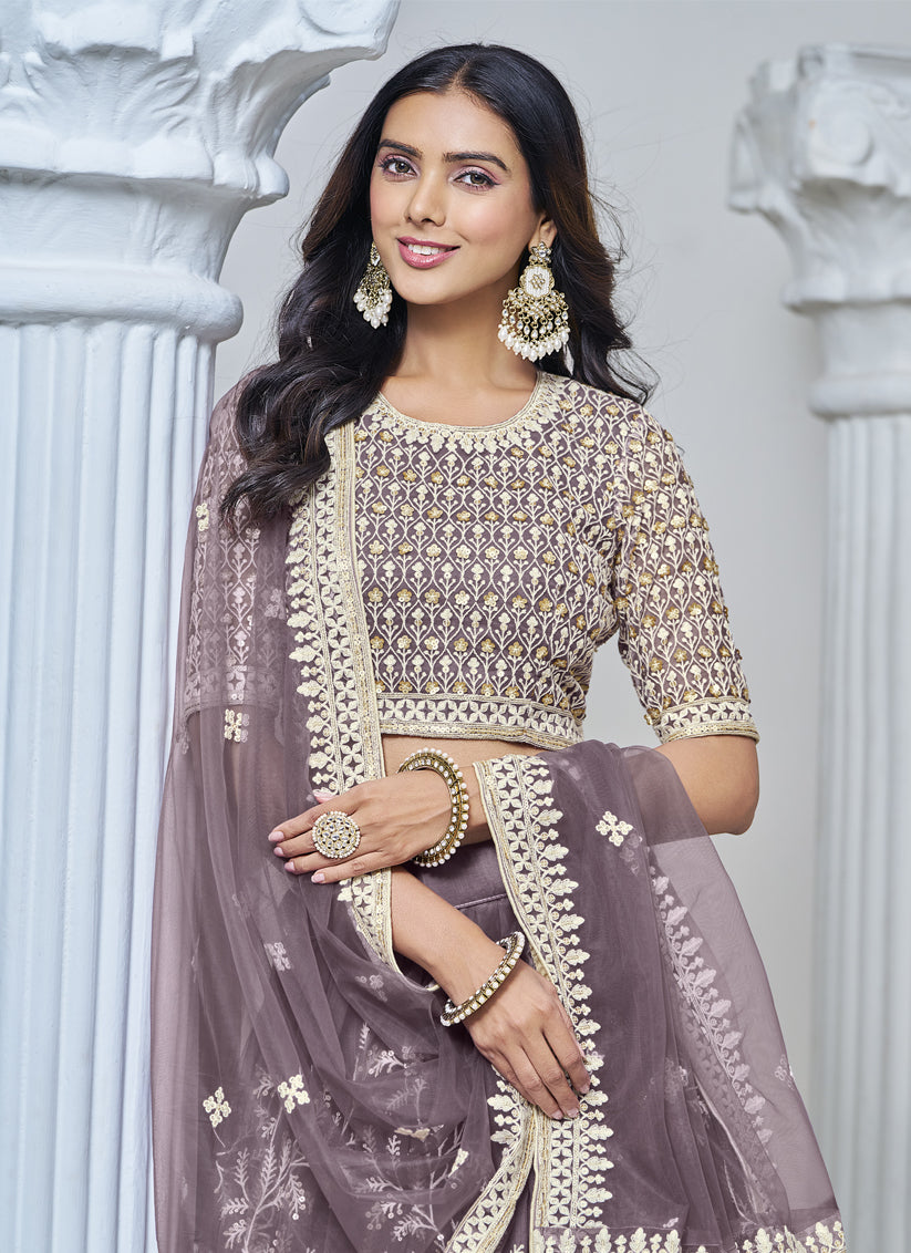 dusty grey net embroidered lehenga choli for wedding