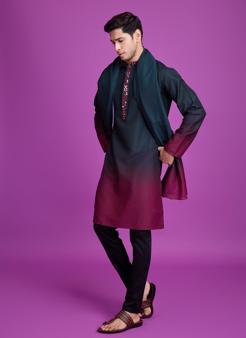 Teal Green and Maroon Rayon Navratri Special Kurta