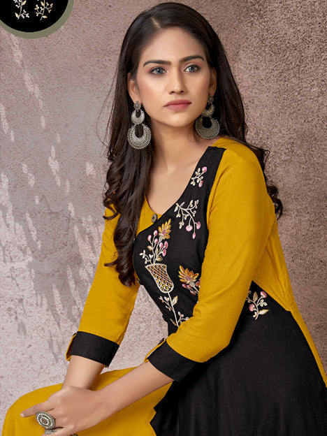 Yellow and Black Rayon Embroidered Kurti