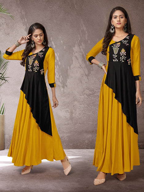 Yellow and Black Rayon Embroidered Kurti