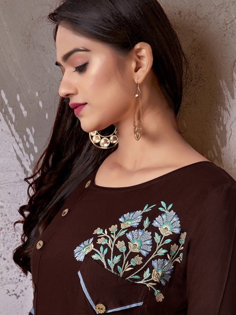 Brown Rayon Embroidered Kurti