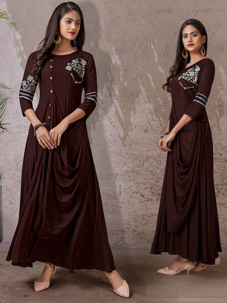 Brown Rayon Embroidered Kurti