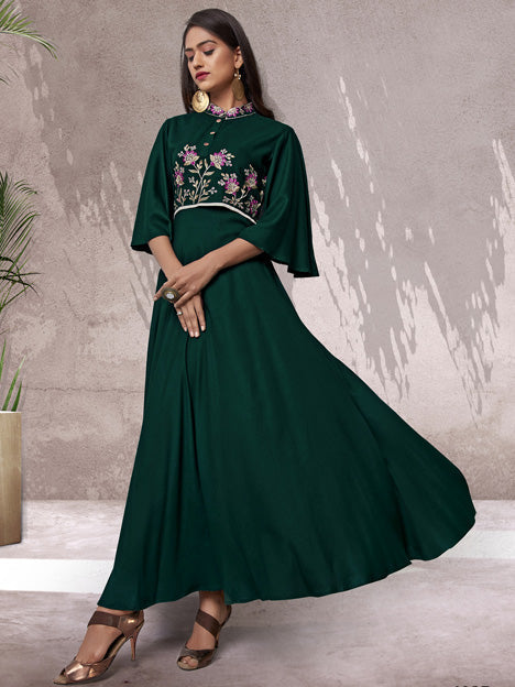 Pine Green Rayon Embroidered Kurti
