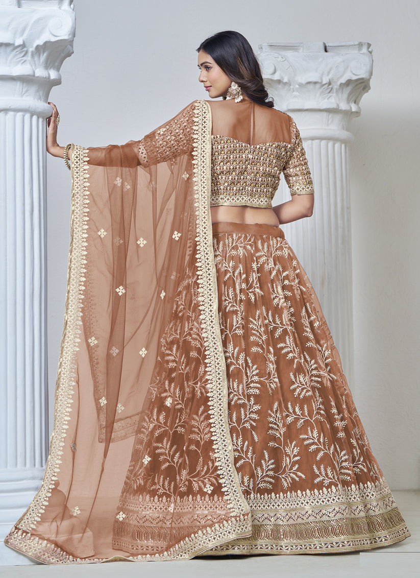 rust brown net embroidered lehenga choli for wedding