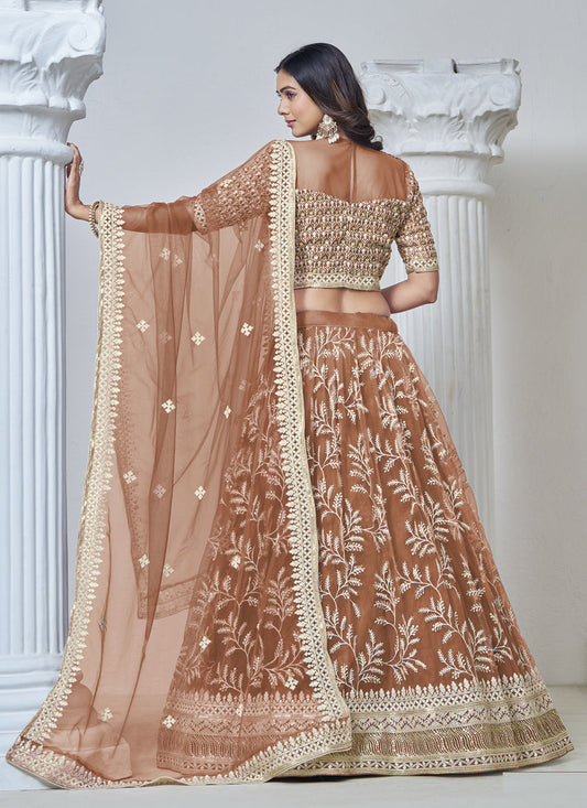 rust brown net embroidered lehenga choli for wedding