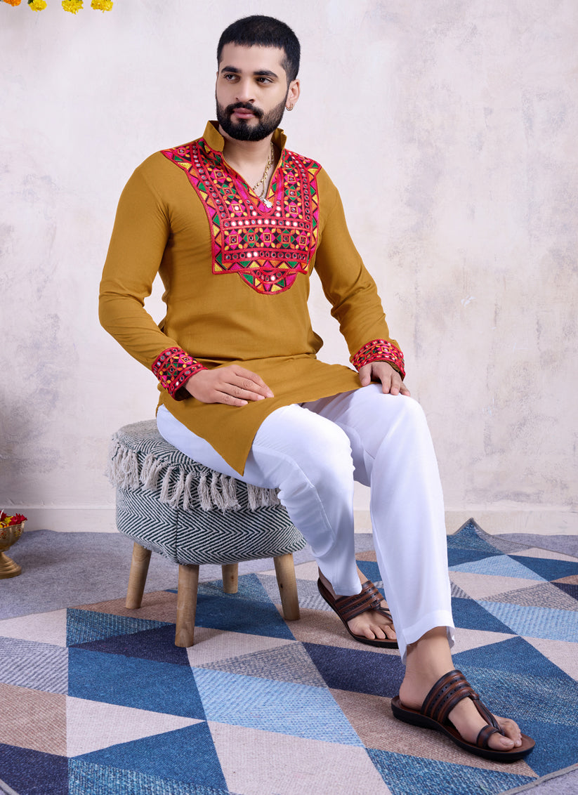 Mustard Yellow Rayon Gamthi Work Navratri Special Kurta