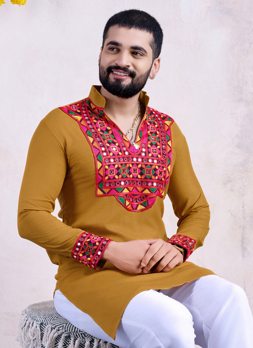 Mustard Yellow Rayon Gamthi Work Navratri Special Kurta