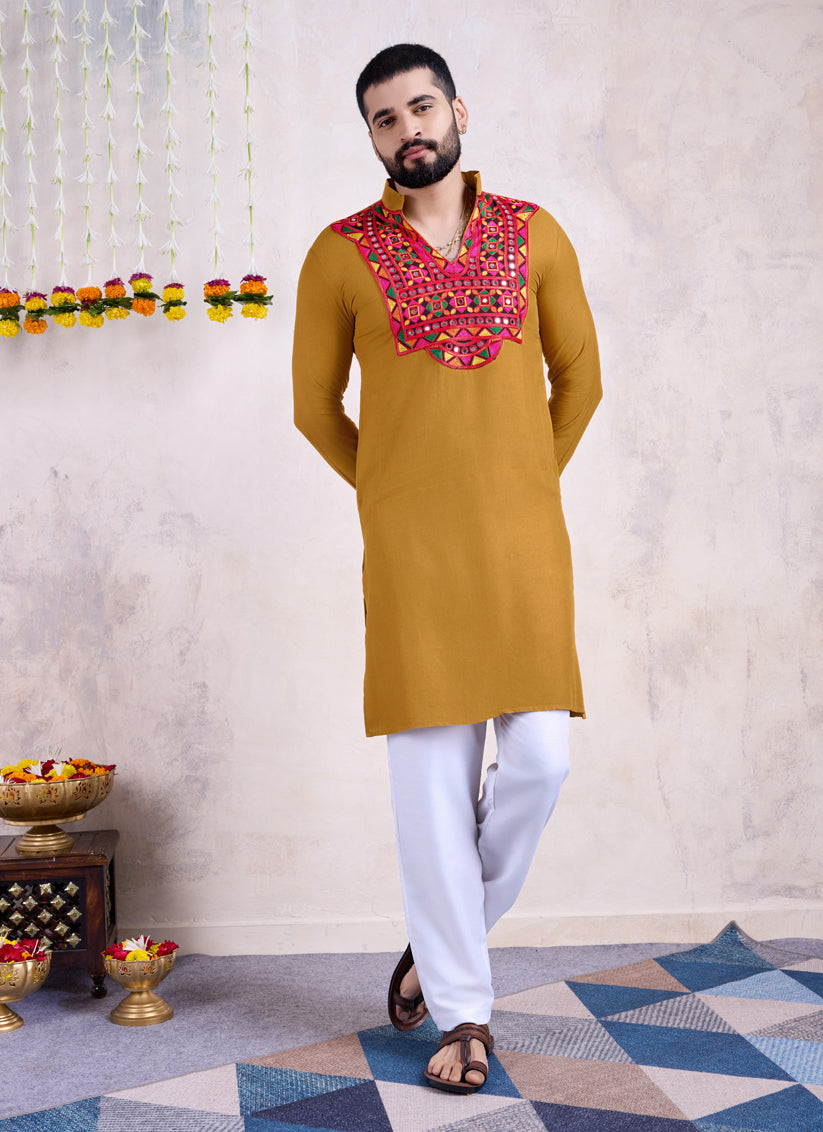 Mustard Yellow Rayon Gamthi Work Navratri Special Kurta