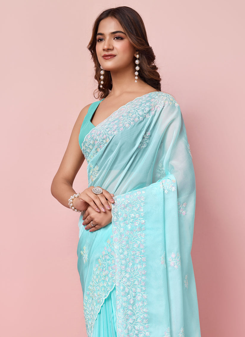 Ice Blue Silk Sequins Embroidered Saree