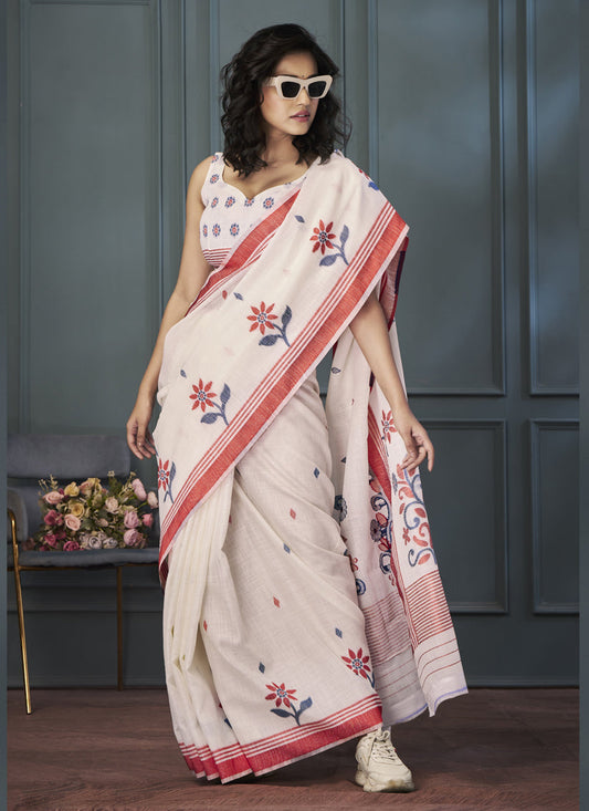 Off White Handloom Linen Weaving Saree