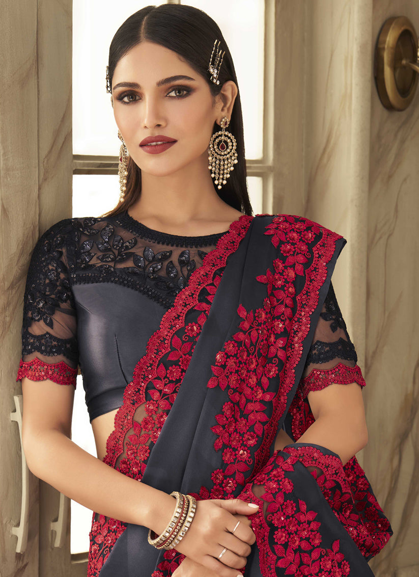 Charcoal Silk Embroidered Designer Wedding Saree