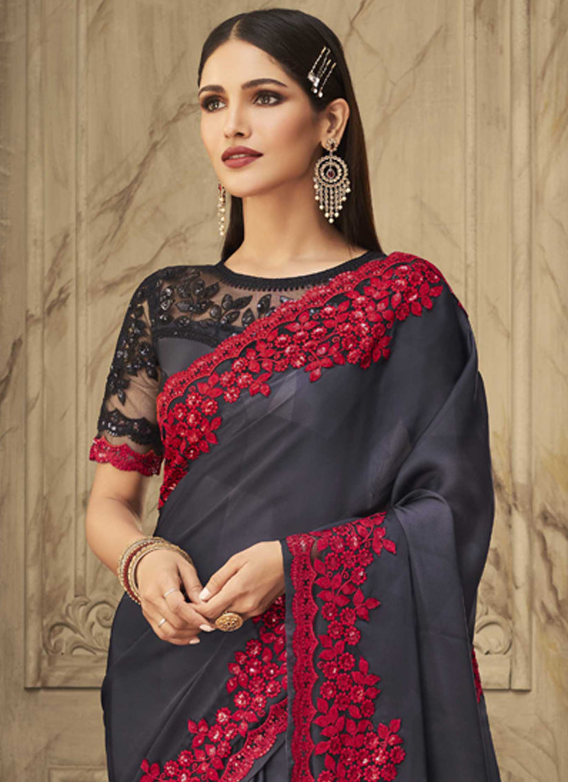 Charcoal Silk Embroidered Designer Wedding Saree