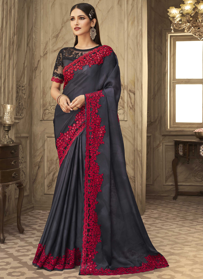 Charcoal Silk Embroidered Designer Wedding Saree
