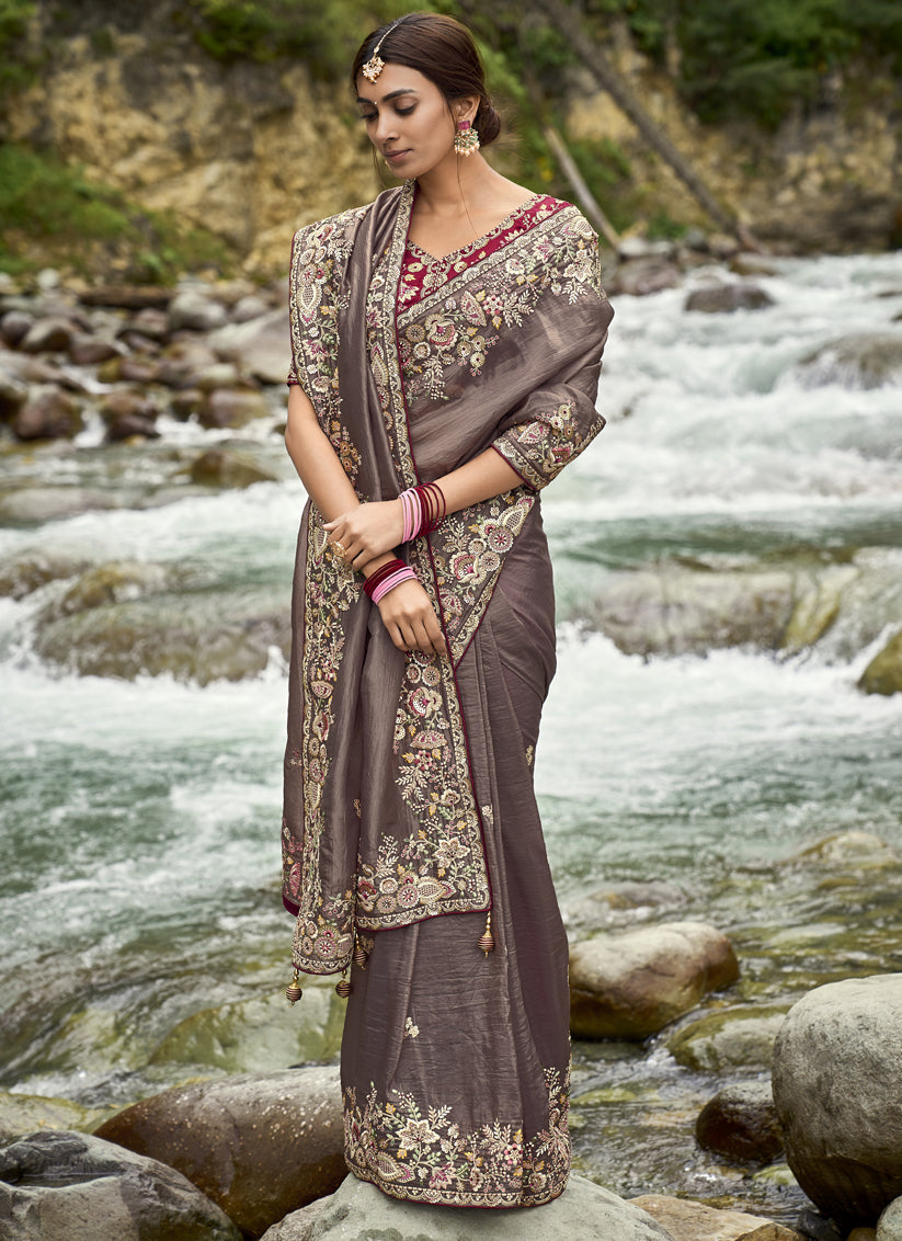 Brown Heavy Embroidered Saree