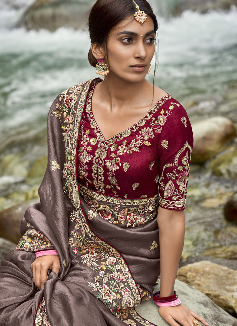 Brown Heavy Embroidered Saree