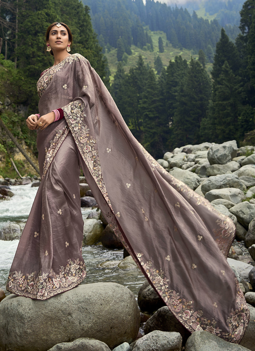 Brown Heavy Embroidered Saree