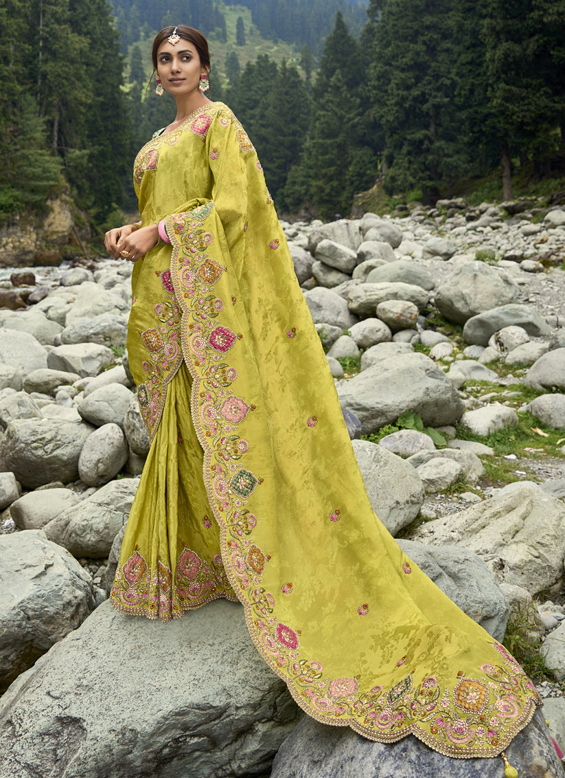 Lime Green Heavy Embroidered Saree