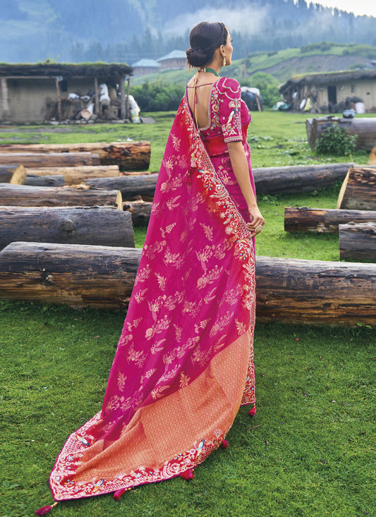Rani Pink Silk Embroidered Heavy Designer Saree
