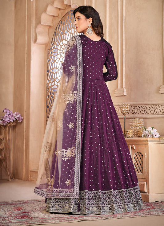 Wine Embroidered Anarkali with Dupatta