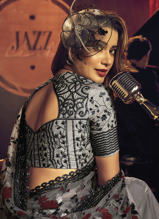 Dusty Grey Net Embroidered Designer Saree