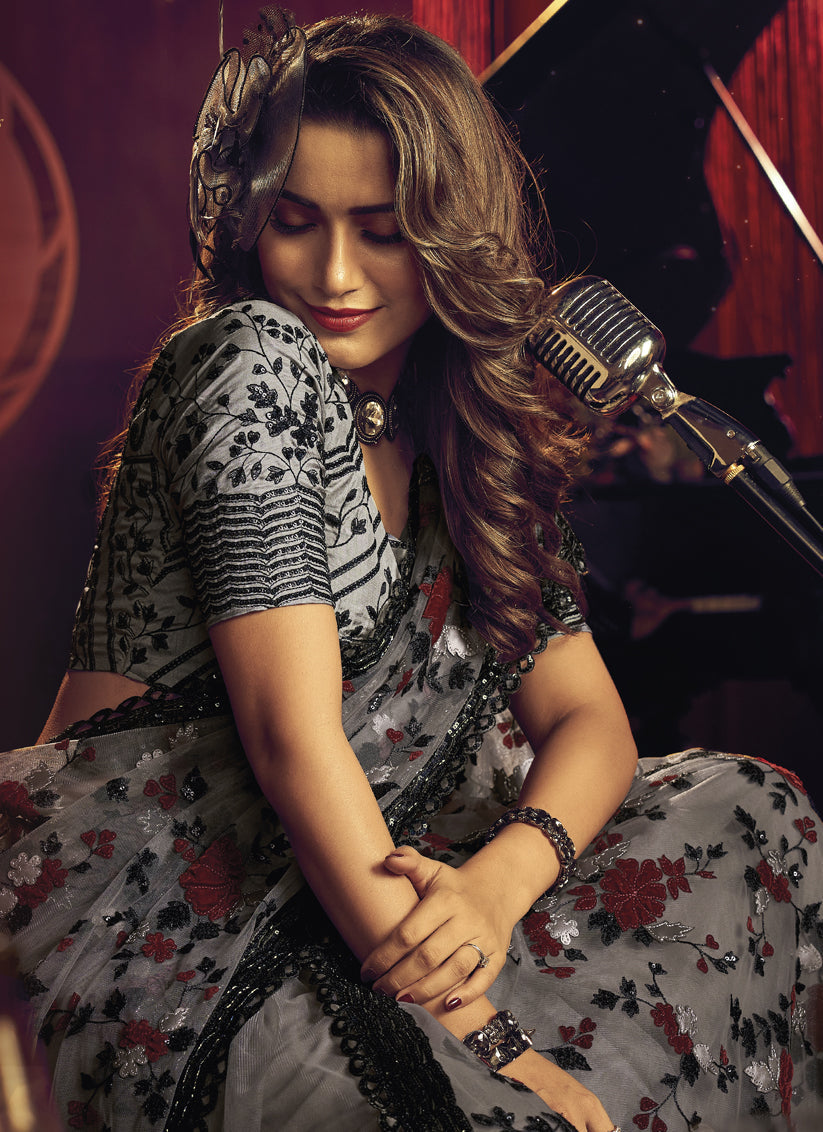 Dusty Grey Net Embroidered Designer Saree