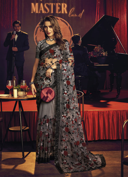 Dusty Grey Net Embroidered Designer Saree