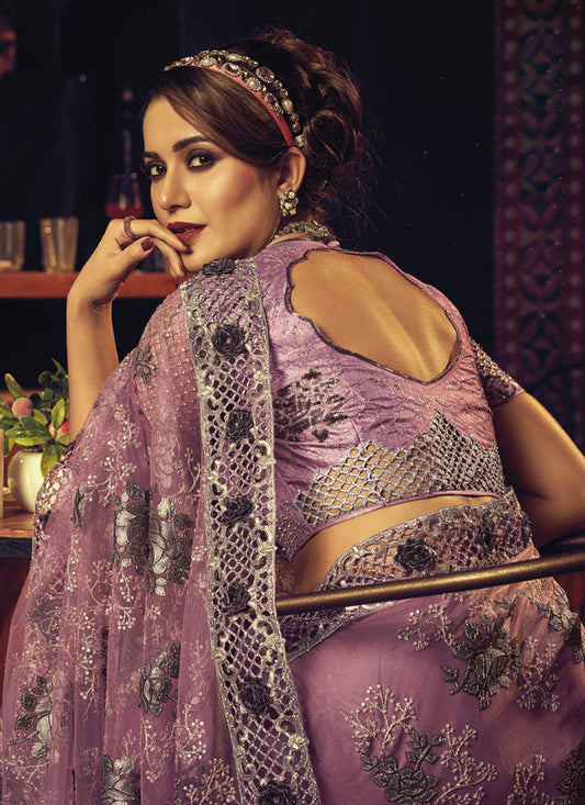 Lilac Net Embroidered Designer Saree