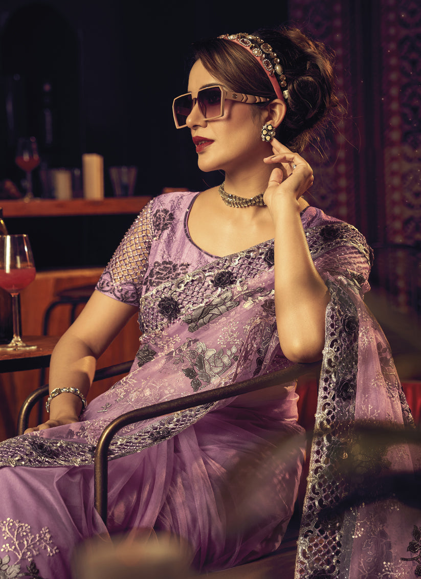 Lilac Net Embroidered Designer Saree