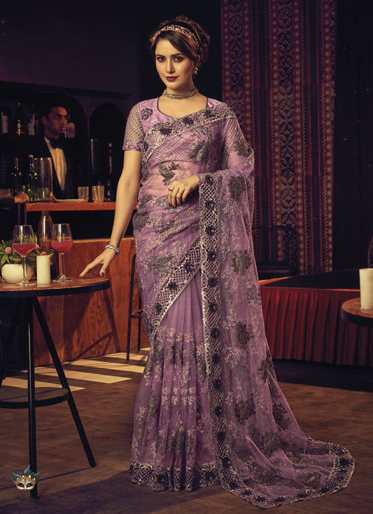 Lilac Net Embroidered Designer Saree
