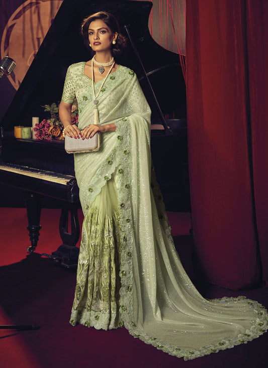Pistachio Green Net Embroidered Designer Saree