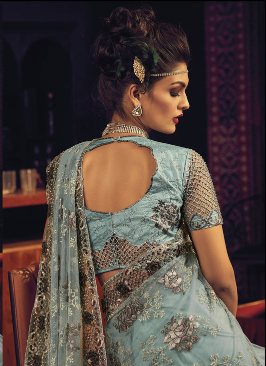 Breeze Blue Net Embroidered Designer Saree