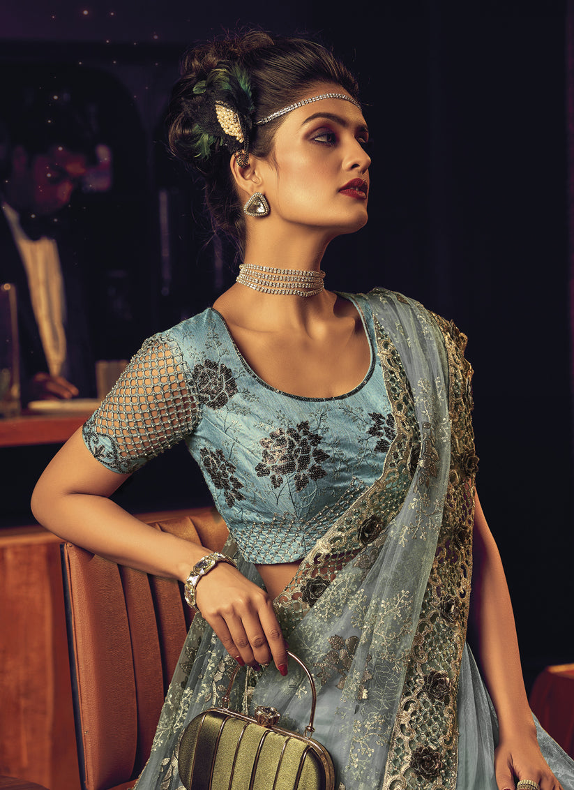 Breeze Blue Net Embroidered Designer Saree