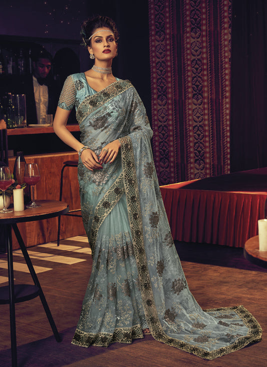 Breeze Blue Net Embroidered Designer Saree