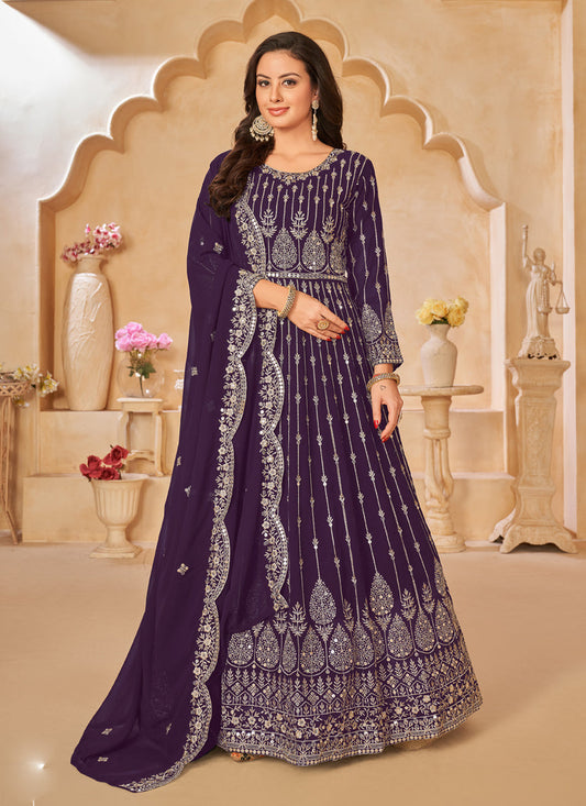 Purple Faux Georgette Embroidered Anarkali Suit