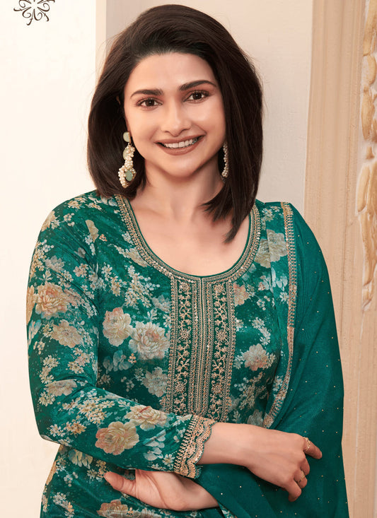 Prachi Desai Rama Green Chinnon Embroidered Pant Kameez