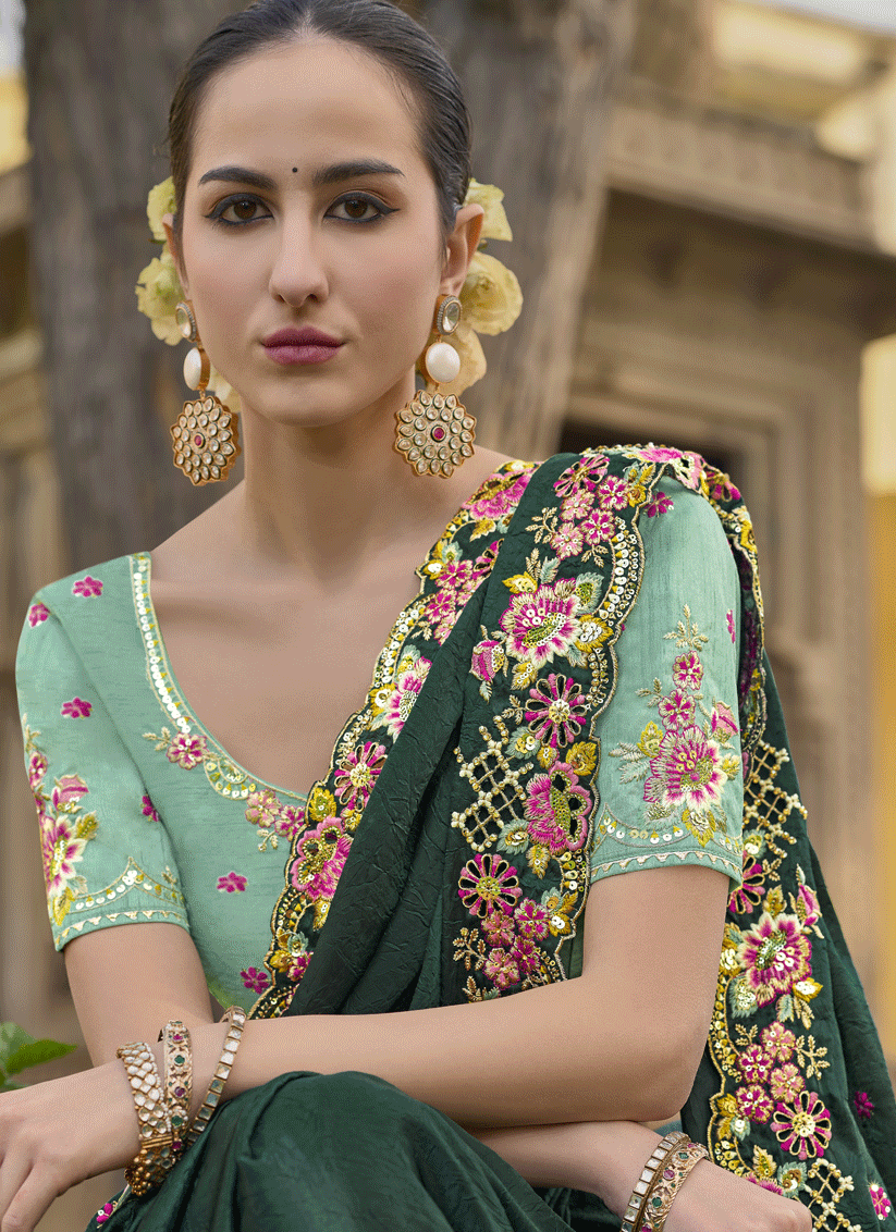 Pine Green Tissue Organza Embroidered Silk Designer Saree