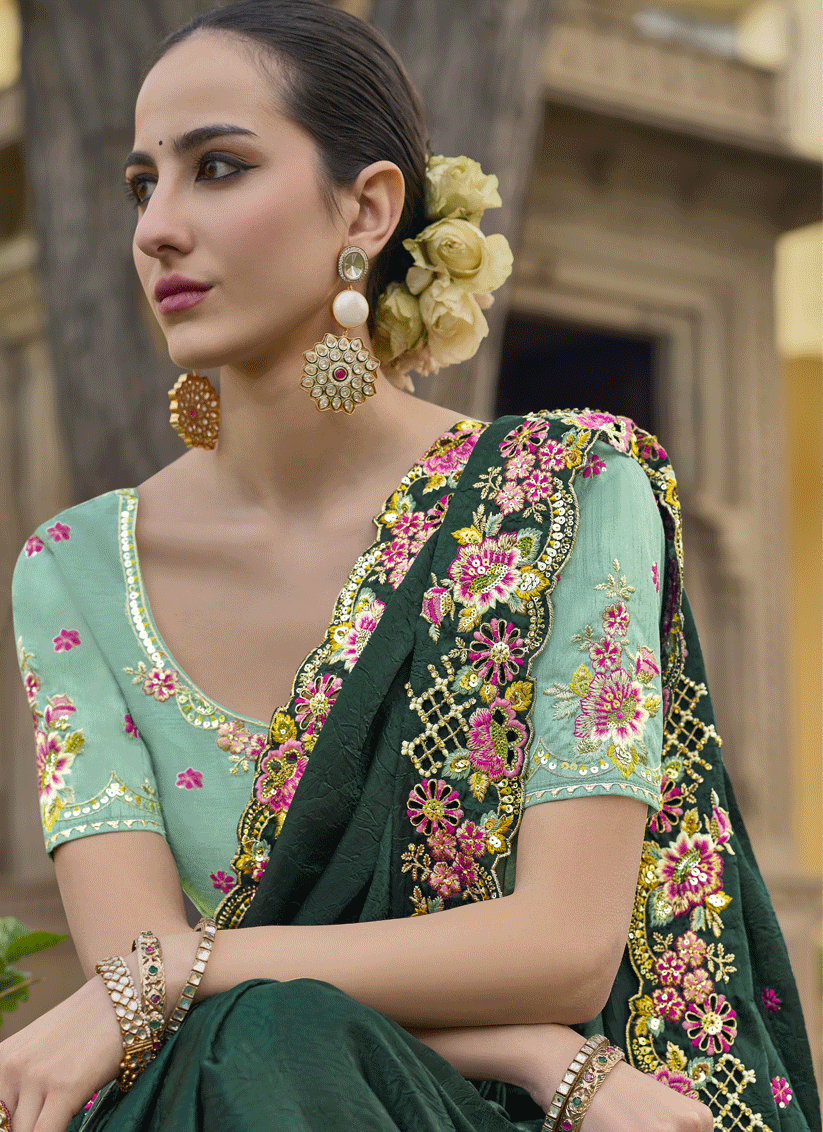 Pine Green Tissue Organza Embroidered Silk Designer Saree