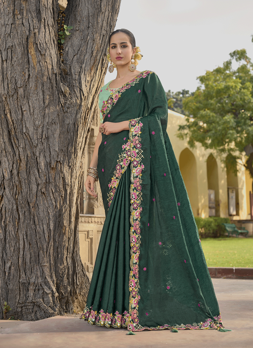 Pine Green Tissue Organza Embroidered Silk Designer Saree